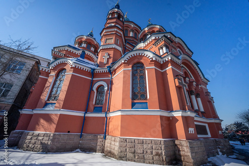 Ascension Cathedral, a Russian Orthodox cathedral located in the Panfilov Park in Almaty, Kazakhstan, . Old, completely wooden church.  photo