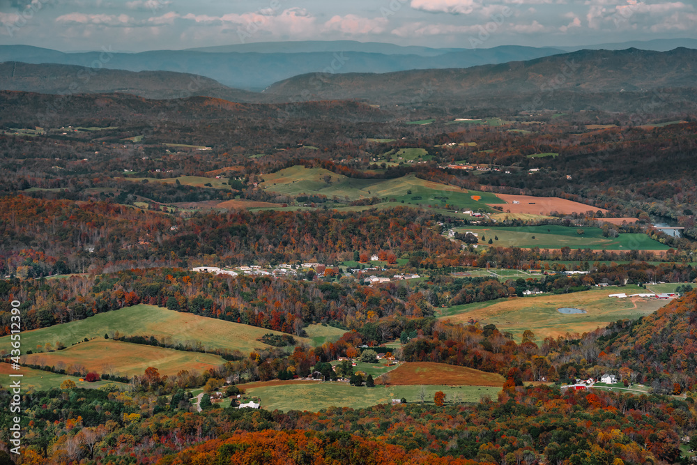 Close up view of Arnold Valley with beautiful fall colors from the Arnold Valley Overlook located at milepost 75.3 on the Virginia section of the Blue Ridge Parkway.