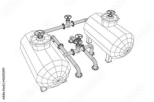 Oil tank storage of flammable materials and pipeline with valve. Finance economy polygonal petrol production. Petroleum fuel industry transportation line. Wireframe low poly mesh vector illustration.