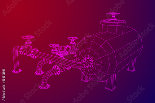 Oil tank storage of flammable materials and pipeline with valve. Finance economy polygonal petrol production. Petroleum fuel industry transportation line. Wireframe low poly mesh vector illustration.