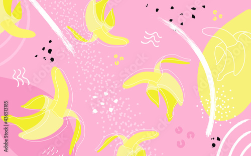 Banana abstract hand drawing pink background. Banner for a bar, cocktail, milk shake poster. Illustration of a drink for menu or packaging design