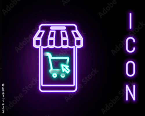 Glowing neon line Mobile phone and shopping cart with striped awning icon isolated on black background. Online buying symbol. Supermarket basket symbol. Colorful outline concept. Vector