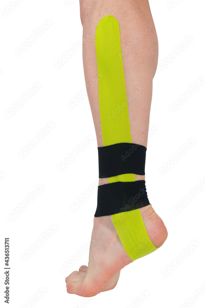 on the ankle of the leg, a fixing tape is pasted, for pain in the joints and muscles