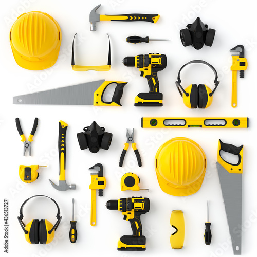 Top view of yellow construction tools for repair and installation on white photo