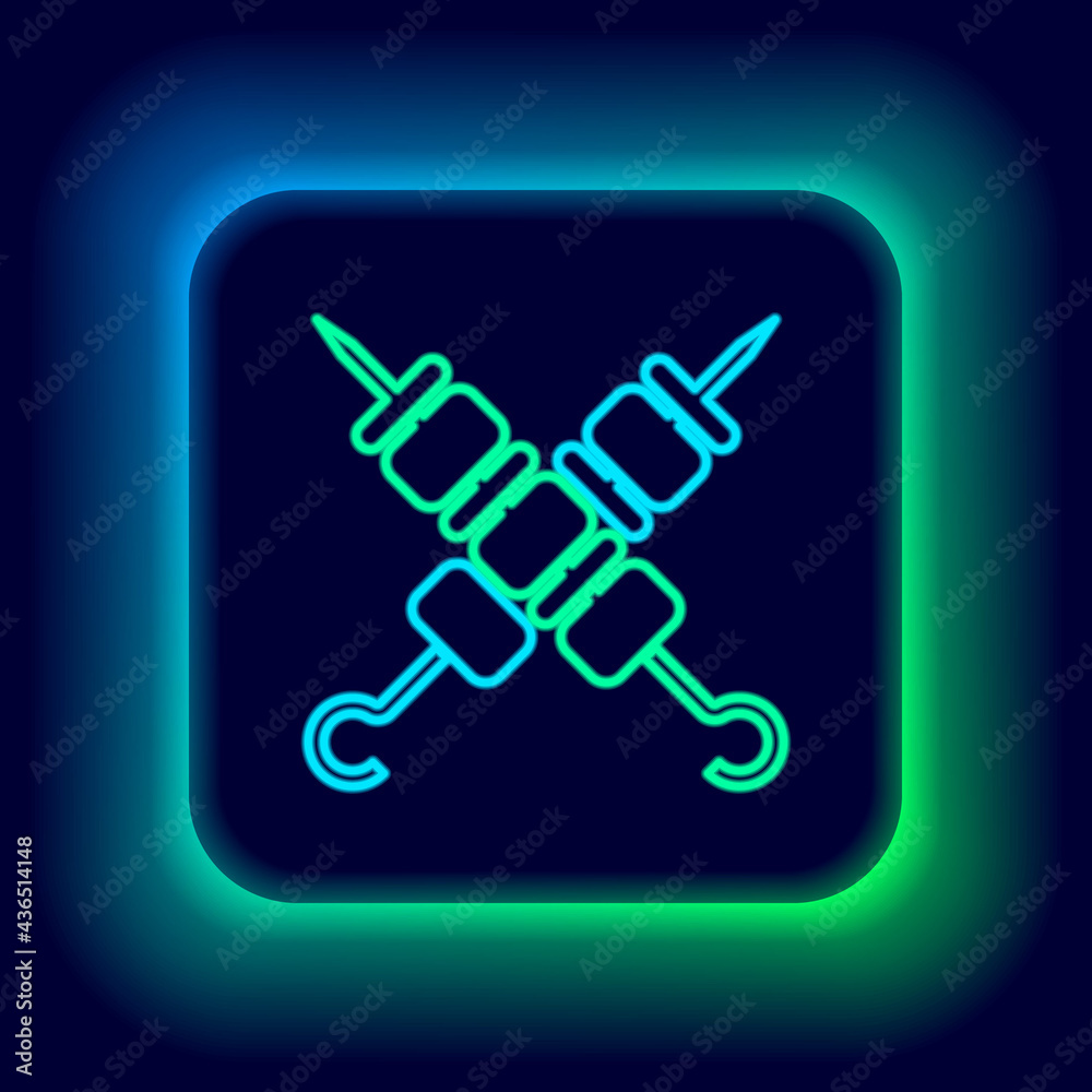 Glowing neon line Crossed grilled shish kebab on skewers stick icon isolated on black background. Meat kebab on skewers stick. Picnic with grill meat. Colorful outline concept. Vector Glowing neon line Crossed grilled shish kebab on skewers stick icon isolated on black background. Meat kebab on skewers stick. Picnic with grill meat. Colorful outline concept. Vector