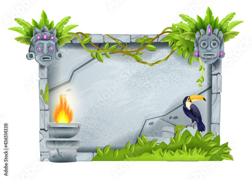 Stone sign board, vector cartoon game rock tablet, jungle tropical leaf, tiki mask, fire, toucan. Gray granite rectangle boulder, exotic maya vine frame, Aztec UI ruin design. Cracked stone sign block