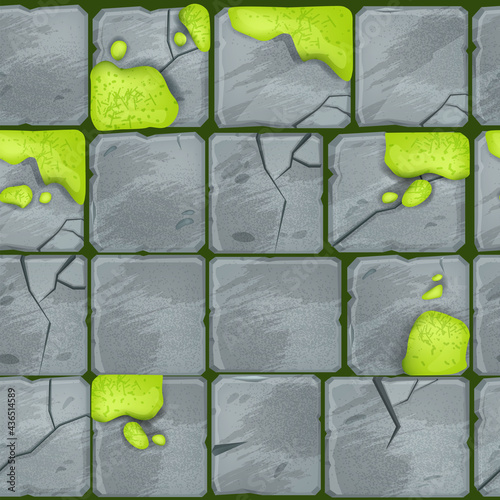 Stone pavement tiles texture, cartoon floor seamless pattern, rock sidewalk paver loopable background. Game ancient cracked walkway top view, moss. Outdoor architecture stone pattern design element