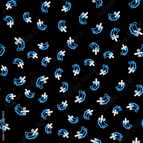 Line Car with screwdriver and wrench icon isolated seamless pattern on black background. Adjusting, service, setting, maintenance, repair, fixing. Vector