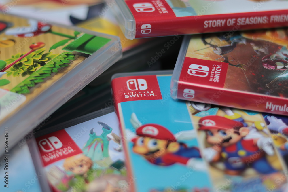 Close up of various games for Nintendo Switch on May 30.2021 in Berlin,  Germany Stock-Foto | Adobe Stock