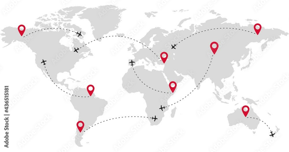 Airline route on map. Flying planes with location pin. Flight animation around the world. Airline map with plane. 4k video, 60 fps. Airplane path footage.