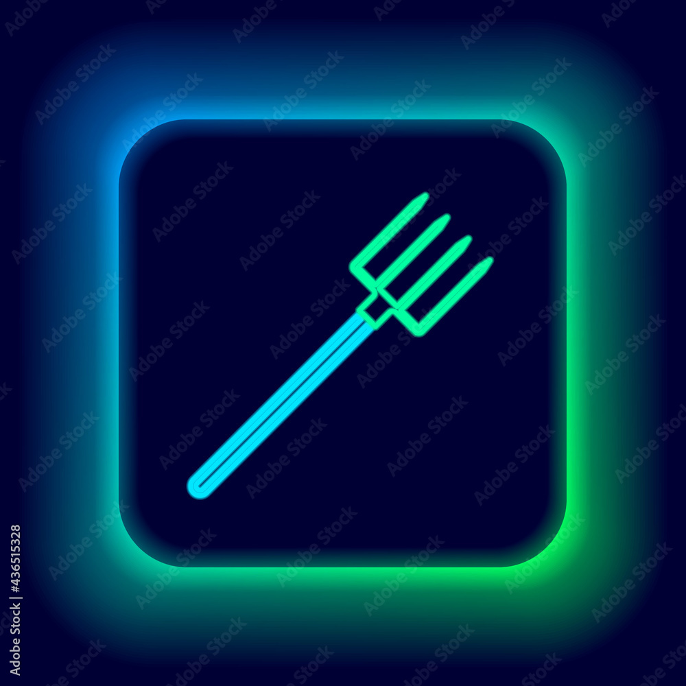 Glowing neon line Garden pitchfork icon isolated on black background. Garden fork sign. Tool for horticulture, agriculture, farming. Colorful outline concept. Vector Glowing neon line Garden pitchfork icon isolated on black background. Garden fork sign. Tool for horticulture, agriculture, farming. Colorful outline concept. Vector