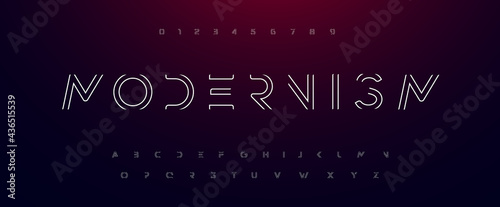 Modernism alphabet. Outline thin lines font like road, maze, frame. Futuristic techno type for scifi logo, contour neon headline or hud monogram. Minimal letters and numbers vector typographic design photo