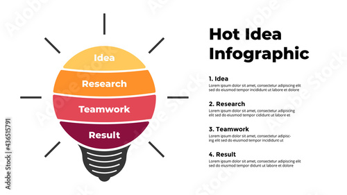 Light Bulb Infographic. From idea to result concept. Vector slide template. 4 steps chart.