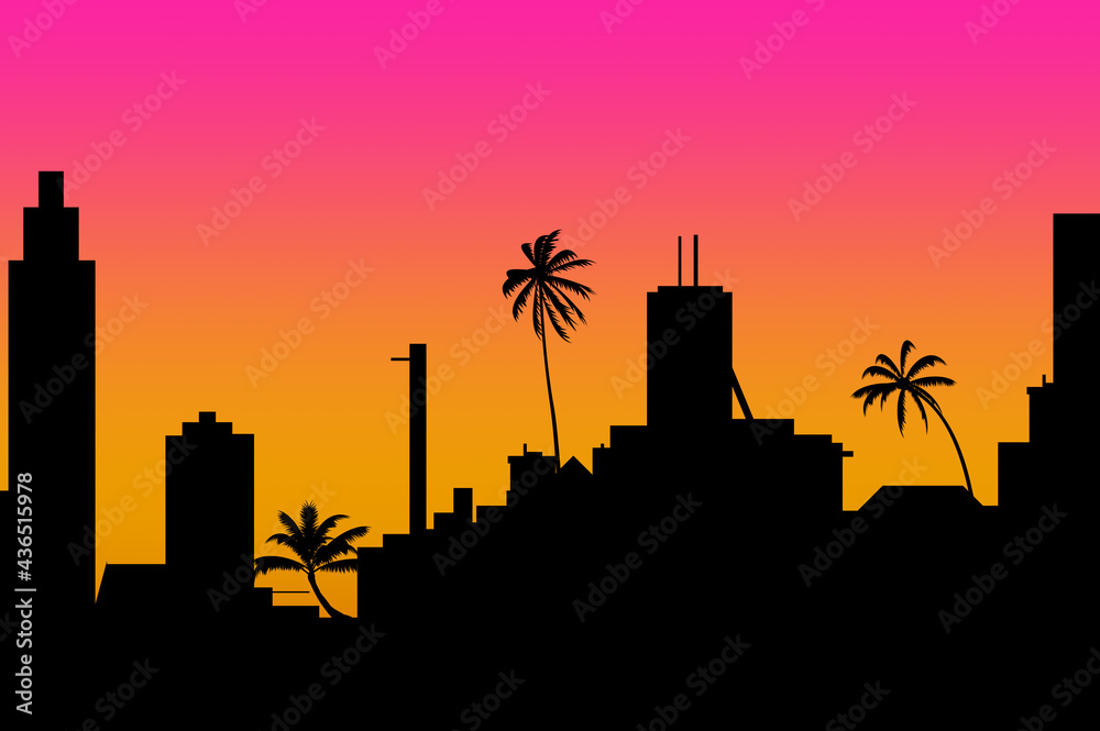 silhouette of the city with palm trees and skyscrapers at sunset in 1980's retrowave style