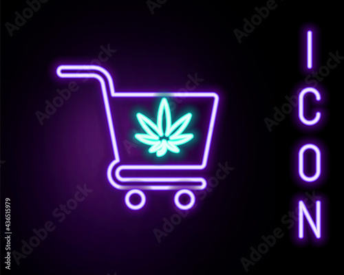 Glowing neon line Shopping cart with marijuana or cannabis leaf icon isolated on black background. Online buying. Delivery service. Supermarket basket. Colorful outline concept. Vector