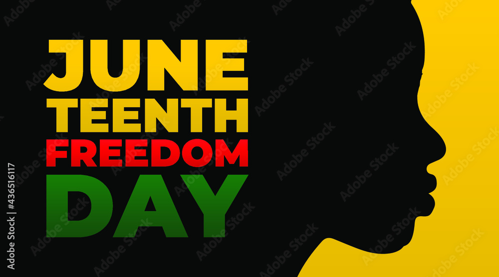 Juneteenth freedom day June 19 modern creative banner, sign, design concept, social media post with red, green, yellow text on a black and yellow abstract background with African woman silhouette. 