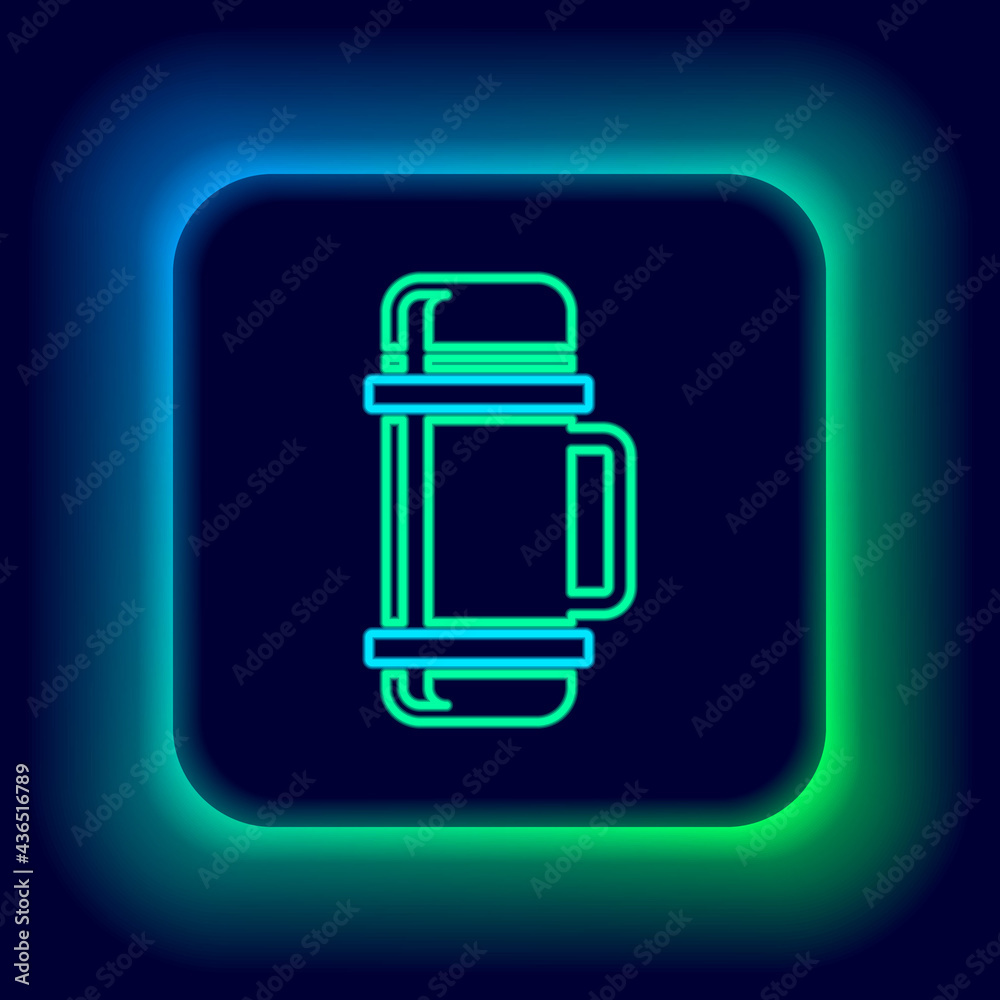 Glowing neon line Thermos container icon isolated on black background. Thermo flask icon. Camping and hiking equipment. Colorful outline concept. Vector Glowing neon line Thermos container icon isolated on black background. Thermo flask icon. Camping and hiking equipment. Colorful outline concept. Vector