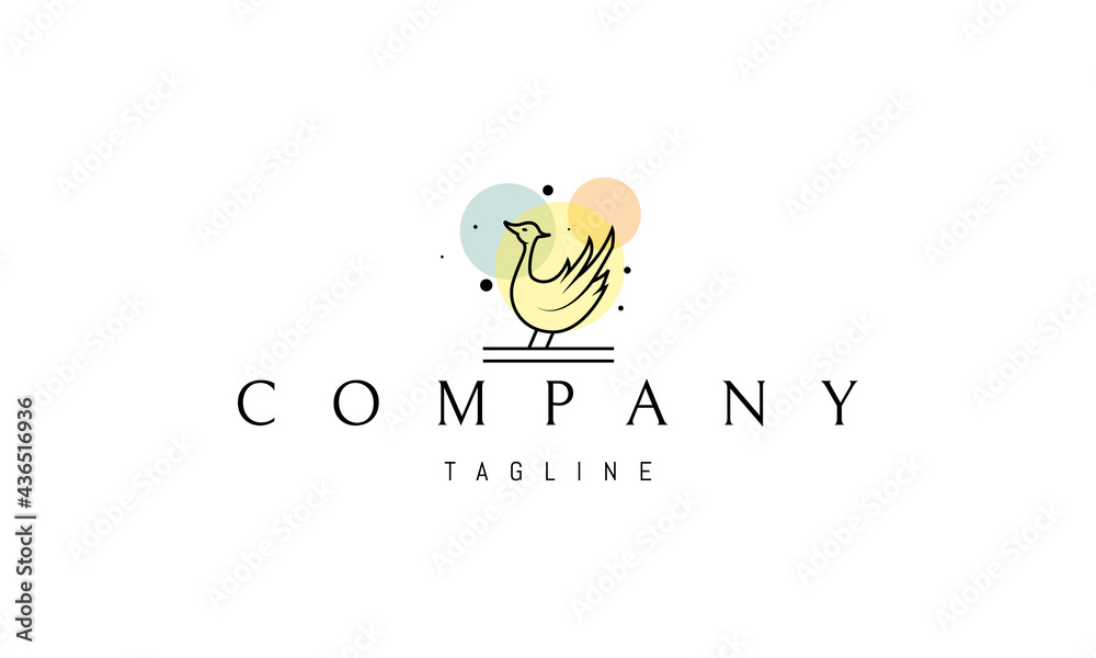 Obraz premium Vector logo on which an abstract image of a happy duck on a background of colored balls.