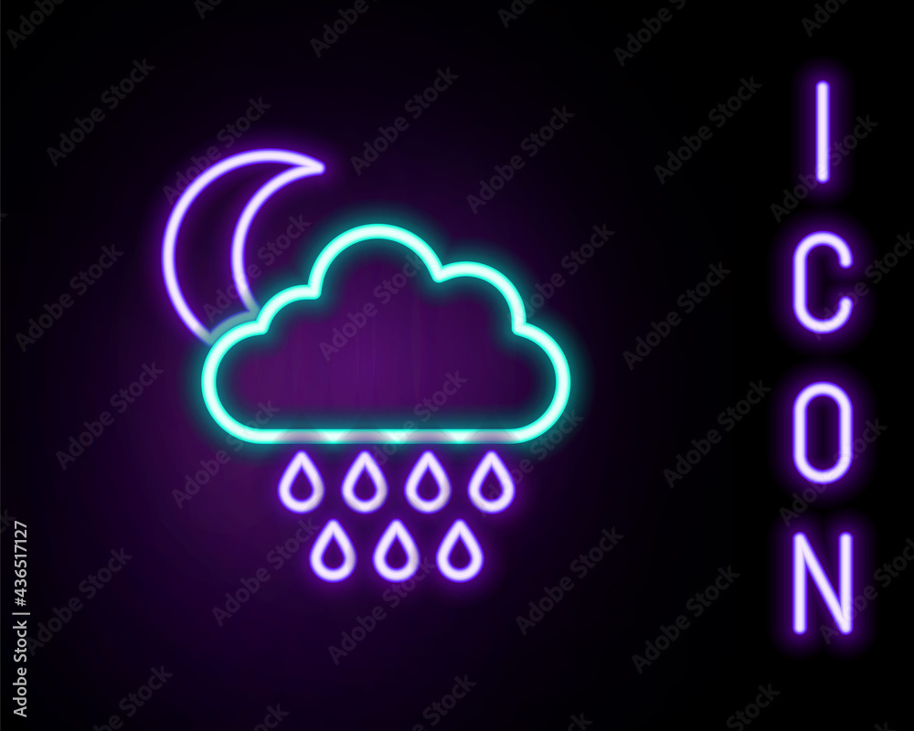 Glowing neon line Cloud with rain and moon icon isolated on black background. Rain cloud precipitation with rain drops. Colorful outline concept. Vector Glowing neon line Cloud with rain and moon icon isolated on black background. Rain cloud precipitation with rain drops. Colorful outline concept. Vector