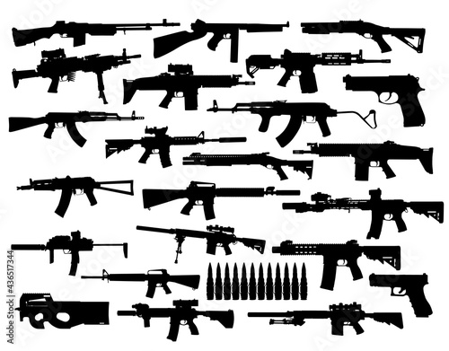 Vector collection set of silhouettes of modern guns. Assault and sniper rifles, pistols, shotguns, symbol illustration isolated on white background. Army and police weapons.