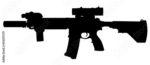 Vector image silhouette of modern military assault rifle symbol illustration isolated on white background. Army and police weapons.