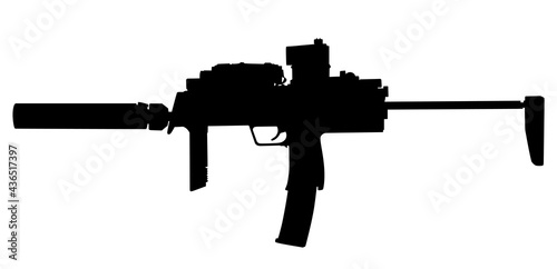 Vector image silhouette of modern military assault submachine rifle symbol silhouette illustration isolated on white background. Army and police weapons.