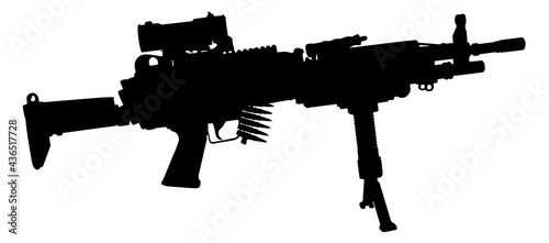 Vector image silhouette of modern military machine gun symbol illustration isolated on white background. Army and police weapons.
