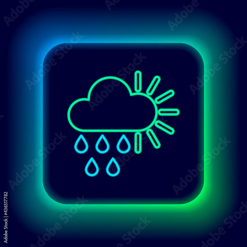 Glowing neon line Cloudy with rain and sun icon isolated on black background. Rain cloud precipitation with rain drops. Colorful outline concept. Vector