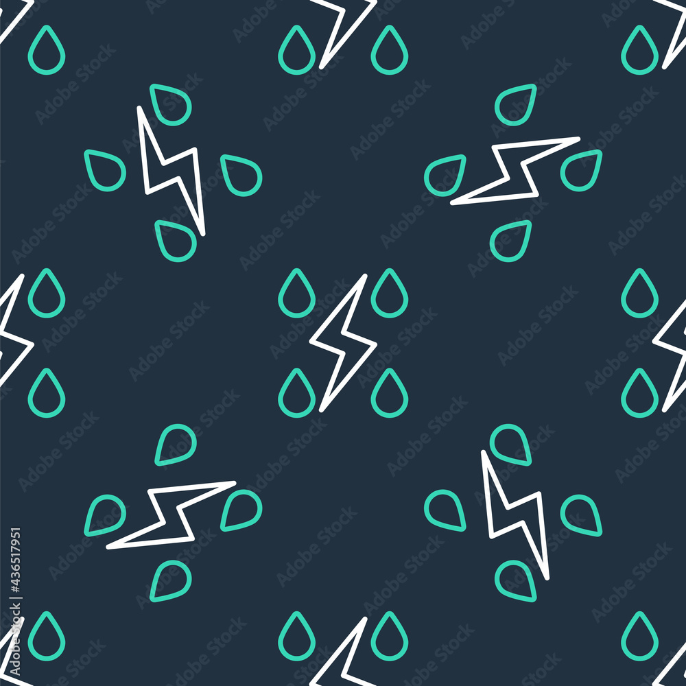 Line Storm icon isolated seamless pattern on black background. Drop and lightning sign. Weather icon of storm. Vector Line Storm icon isolated seamless pattern on black background. Drop and lightning sign. Weather icon of storm. Vector