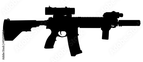 Vector image silhouette of modern military assault rifle symbol illustration isolated on white background. Army and police weapons.