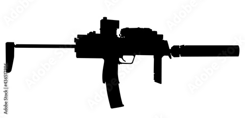 Vector image silhouette of modern military assault submachine rifle symbol silhouette illustration isolated on white background. Army and police weapons.