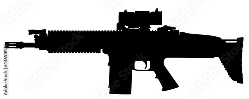 Vector image silhouette of modern military assault rifle symbol illustration isolated on white background. Army and police weapons.