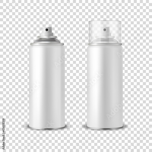 Vector 3d Realistic White Aluminum Blank Spray Can, Bottle, Transparent Lid Set Isolated. Design Template, Sprayer Can, Mock up, Package, Advertising, Hairspray, Deodorant. Front View