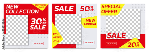 Sale banners template for social media post. Modern discount poster or frame set for web advertising and promotion with 20, 30, 50 percent price off. Vector illustration.