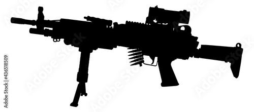 Vector image silhouette of modern military machine gun symbol illustration isolated on white background. Army and police weapons.