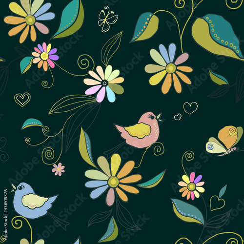 Seamless pattern with birds  butterflies  anemones  wild flowers and rainbow colors. Small flowers in vintage watercolor and line art style. Tropical  exotic floral vector illustration