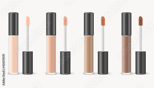 Vector 3d Realistic Lip Gloss, Foundation, Concealer, Corrector Package, Black Cap, Lip Gloss Set Isolated. Glass Container, Tube. Plastic Transparent Bottle, Design Template, Mockup. Front View