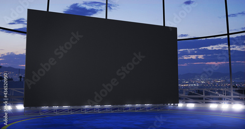 Industrial TV show backdrop with an big empty screen. Ideal for virtual tracking system sets, with green screen. (3D rendering) photo