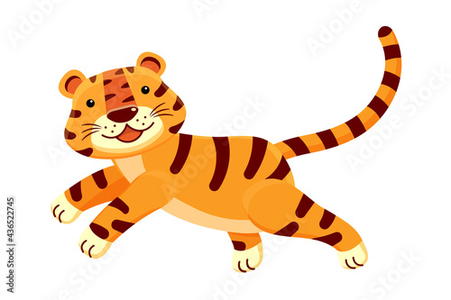 Fototapeta Naklejka Na Ścianę i Meble -  Tiger cub jumps, rejoices, in cartoon style isolated on white background
