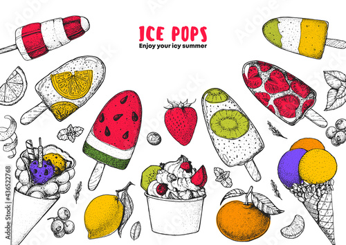 Popsicle ice cream, hand drawn vector illustration. Ice tea and ice cream. Summer food and drink. Sketch illustration for menu design. Ice pops collection.