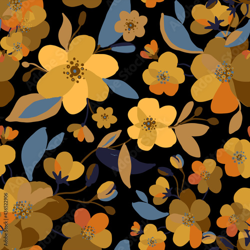 Watercolor sakura and thorns pattern. Seamless natural texture with blossom cherry tree branches. Hand drawn japanese yellow flowers on dark black background. Vector illustration