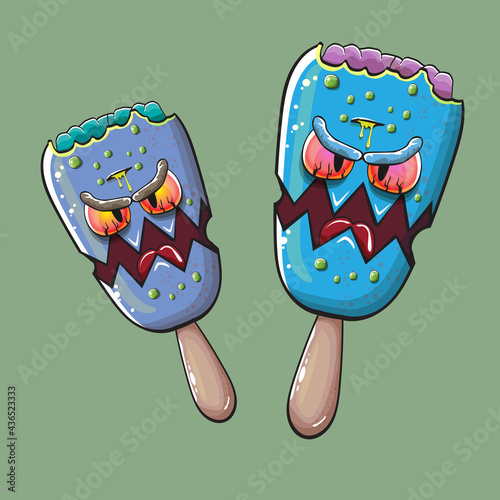 Vector Zombie ice cream with brain and red eyes isolated on green background. Halloween blue monster ice cream zombie character.