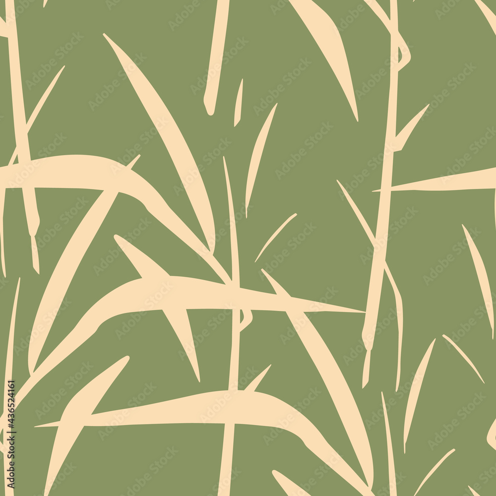 Modern japanese bamboo seamless pattern. Bamboo leaves hand drawn print for seamless background. Minimal retro asian ornament for paper, fabric, textile, clothes. Square floral oriental tile vector