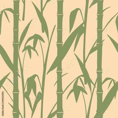 Modern japanese bamboo seamless pattern. Bamboo leaves hand drawn print for seamless background. Aesthetic retro asian ornament for paper, fabric, textile, clothes. Square floral oriental tile vector