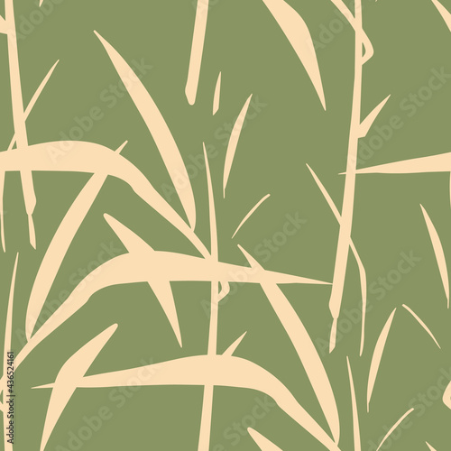 Modern japanese bamboo seamless pattern. Bamboo leaves hand drawn print for seamless background. Minimal retro asian ornament for paper, fabric, textile, clothes. Square floral oriental tile vector
