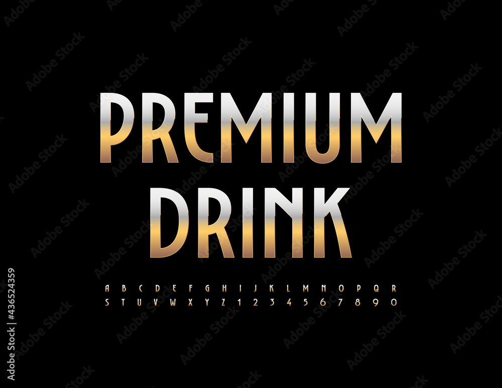 Vector elite emblem Premium Drink. Golden metallic Alphabet Letters and Numbers set. Elegant style Font
