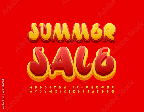 Vector promo banner Summer Sale. Bright artistic Font. Yellow and Red Alphabet Letters and Numbers set