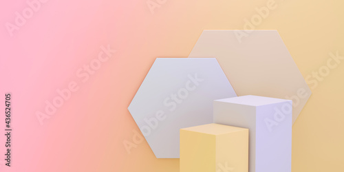 Cubes pedestal for product display on funny hexagon pink and yellow background or summer sunny.