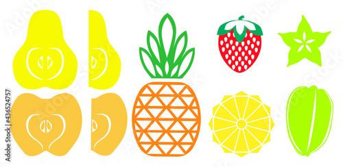 Set of different fruits. Simple shapes and contours. Pear, apple, pineapple, strawberry, carom. By repainting in different colors, you can create seamless backgrounds and collages.