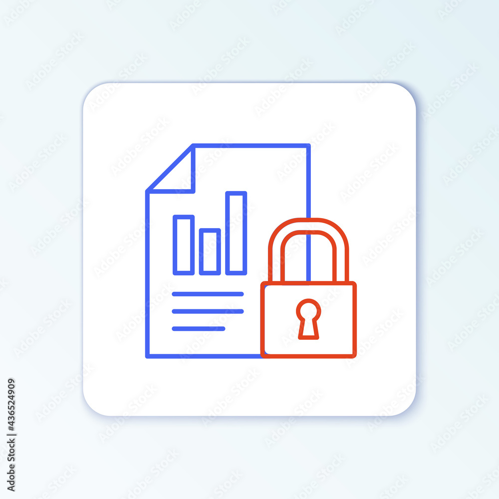 Line Document and lock icon isolated on white background. File format and padlock. Security, safety, protection concept. Colorful outline concept. Vector Line Document and lock icon isolated on white background. File format and padlock. Security, safety, protection concept. Colorful outline concept. Vector